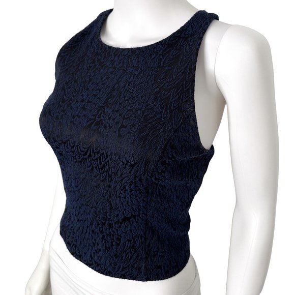 Intermix Embossed Textured High Neck Princess Seam Crop Blouse Top Navy Black - Picture 3 of 12
